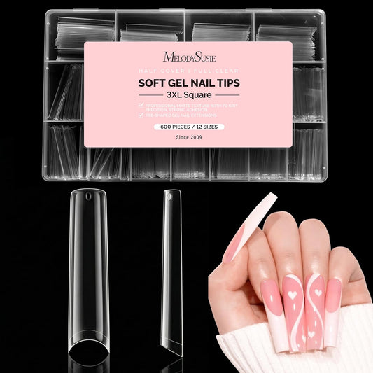 MelodySusie Extra Long Square X Nail Tips 3XL- 600Pcs Clear Acrylic, Half Matte Full Cover Press on Nails for DIY Extension & Salon Use, 12 Sizes Pre-Shaped for Long-Lasting Manicure