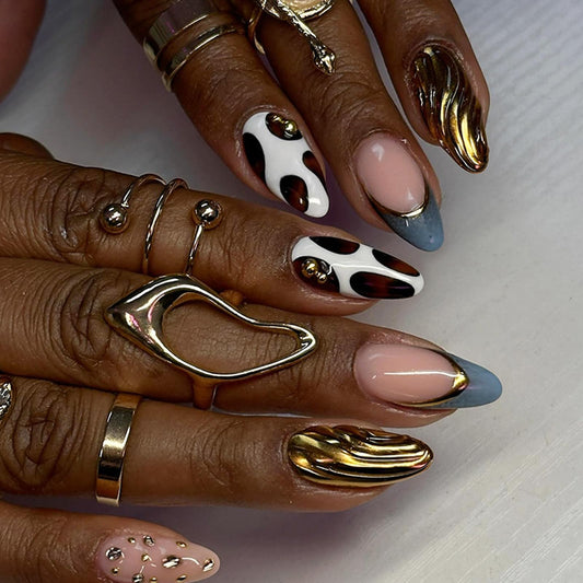 IMRAIN Medium Almond Press on Nails - Golden Chrome & Amber Pattern Designs, French Tip Handmade Glossy Glue on Acrylic Fake Nails Full Cover Fall False Nails for Women 24Pcs
