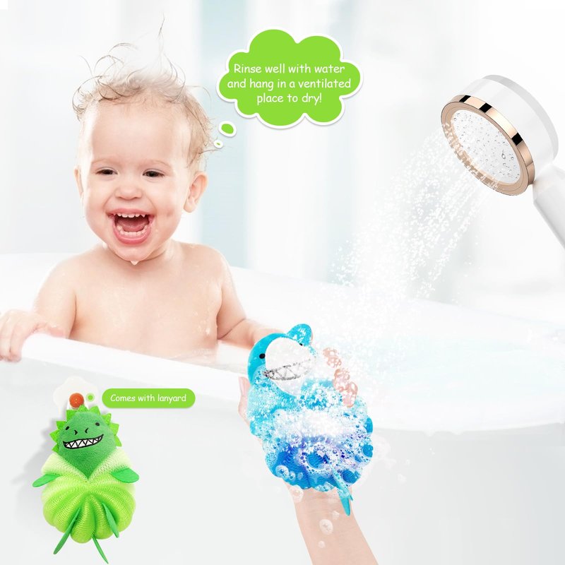 Kids Loofah & Bath Sponge, 2 Pack Loofah for Kids with Dinosaur & Shark, Gentle Baby Sponge for Bathing, Toddler Mesh Pouf for Bath Time, Soft Body Scrubber for Boys & Girls