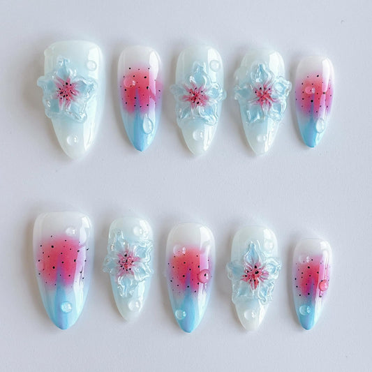 Luxury Press on Nails Medium Almond Handmade 3D Unique Reusable ABS Material Fake Nails Blue False Nails with Designs Water Drop Pink&Blue Flower Art Petal Glossy Thick Acrylic Nails(M)
