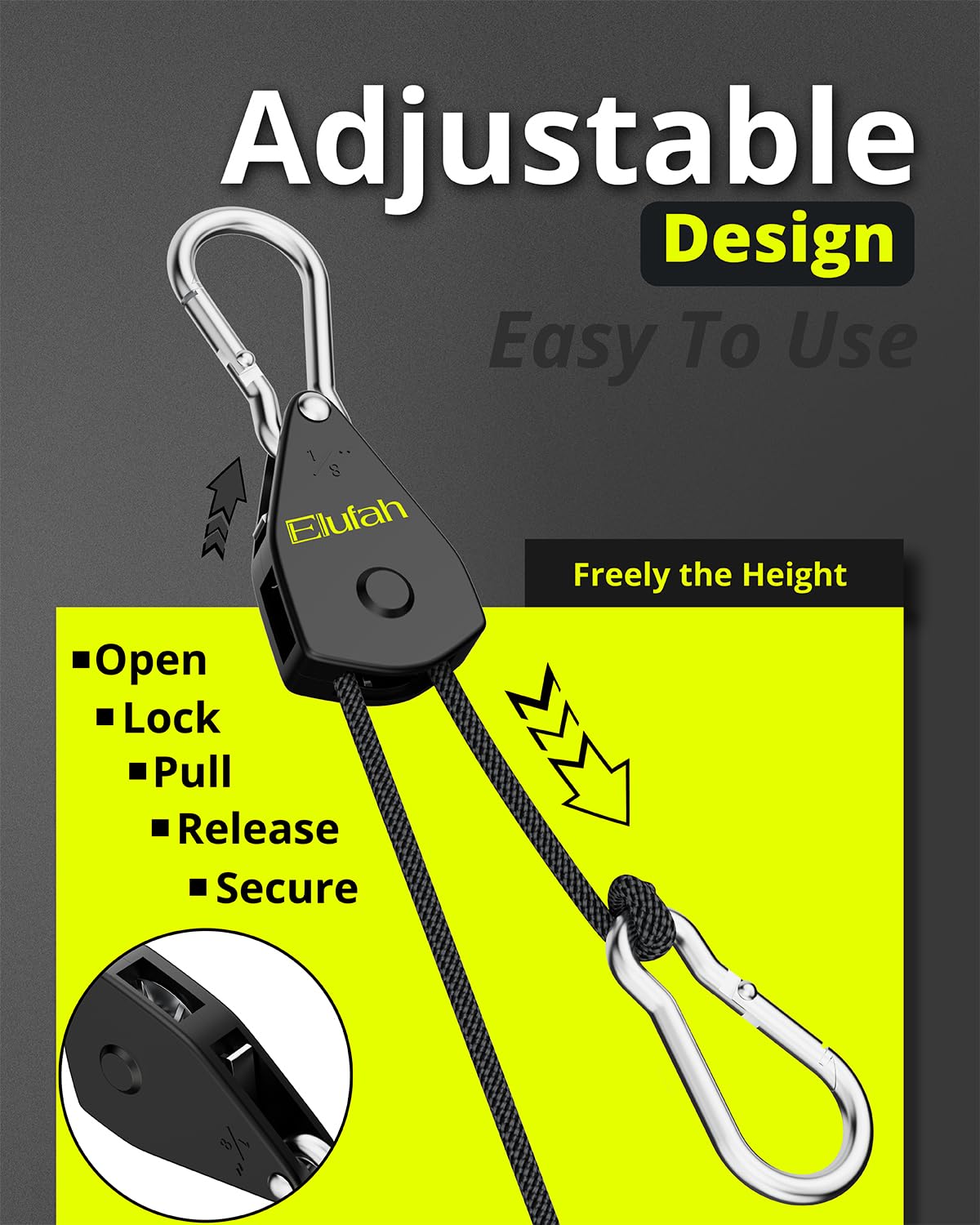 ELUFAH Longer 10ft 1/8" Ratchet Straps Hanger Rope Tie-Down Ratchet Outdoor Windproof Rope Roller Adjustable Hanger Grow Light Camping Tent Kayak Paracord 4-Pack"