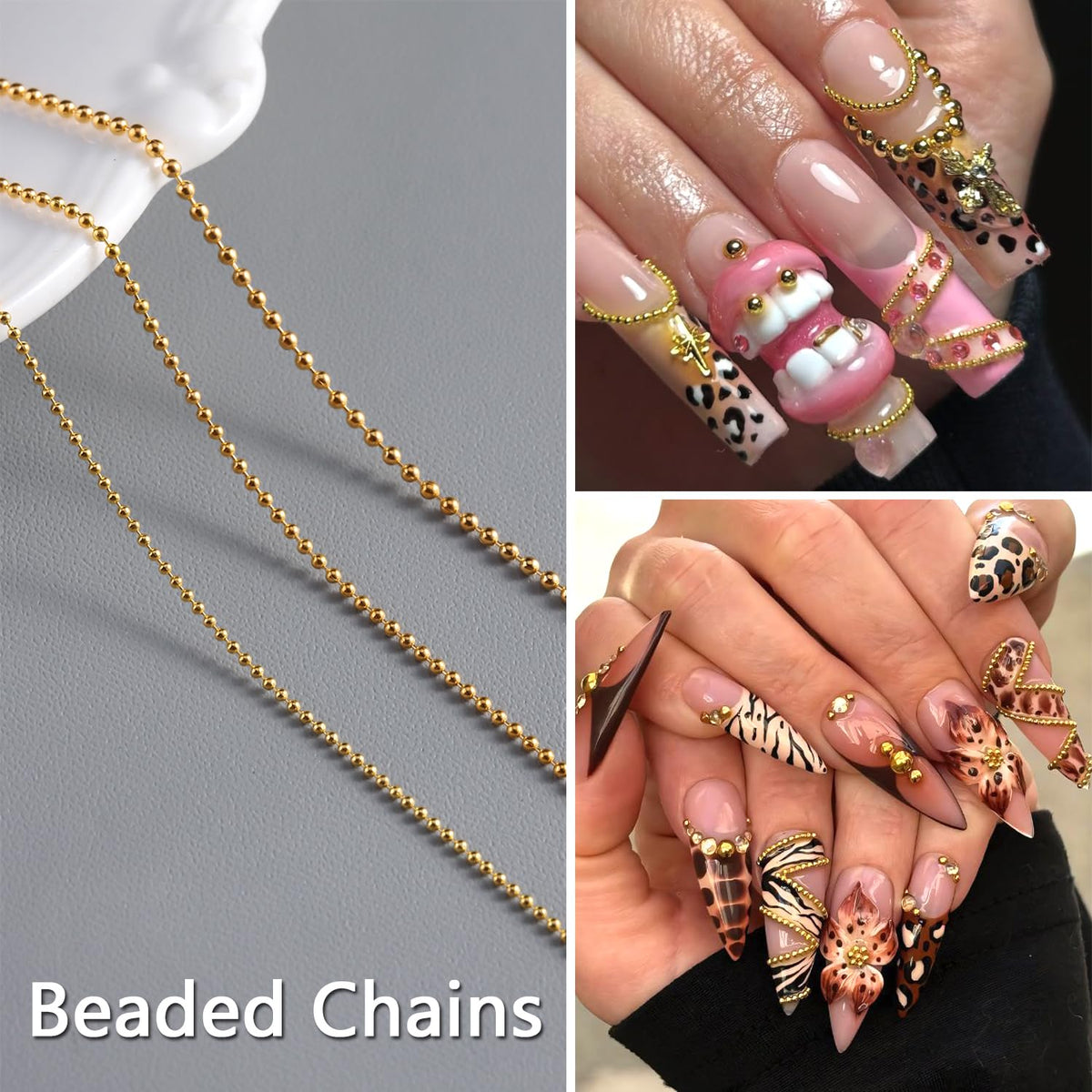 12 Strips Metal Chain Nail Art Charms, 3D Gold Silver Dark Gray Nail Chains Punk Alloy Nail Rivets Jewelry for Women Gothic Manicure Accessories DIY Crafts Decorations