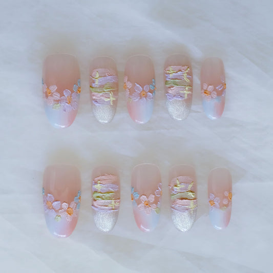 [GLORS] Purly Handmade Almond Press on Nails | Oil Painting Style Flower in White and Nude French Tip Nails, 10 Pieces (Medium, Almond)