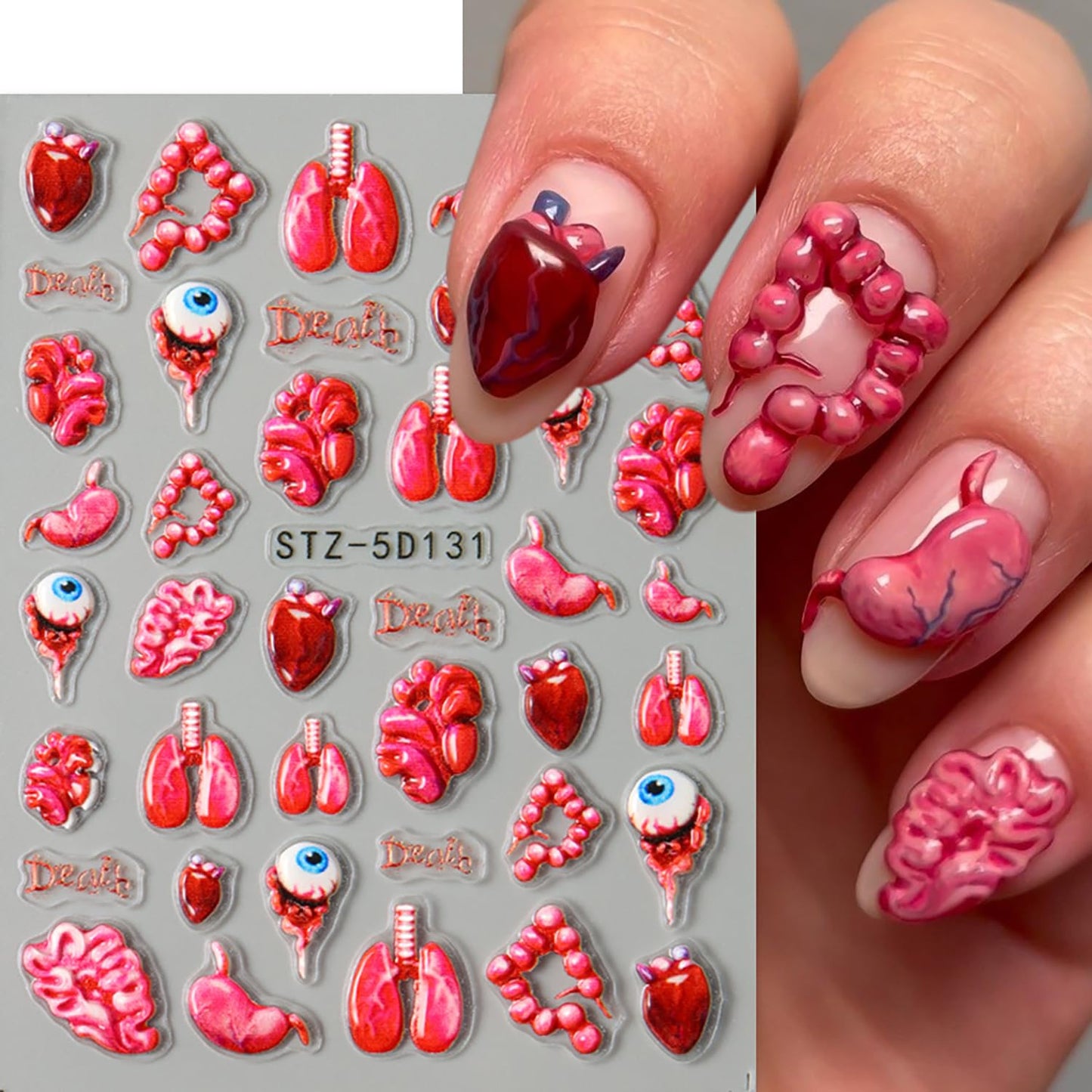 2 Sheets Halloween Nail Art Stickers 5D Relief Self -Adhesive Blood Drops Lips Spider Nail Decals Holographic Horror Heart Internal Organs Design Nail Stickers Halloween Nail Decoration for Women
