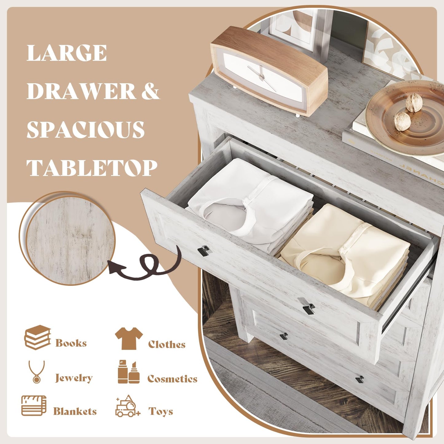 AMERLIFE Farmhouse 5 Drawers Dresser for Bedroom, Wood 47" Tall Dresser for Closet, Natural Texture Chest of Drawers for Bedroom, Living Room, Hallway and Entryway, Distressed White