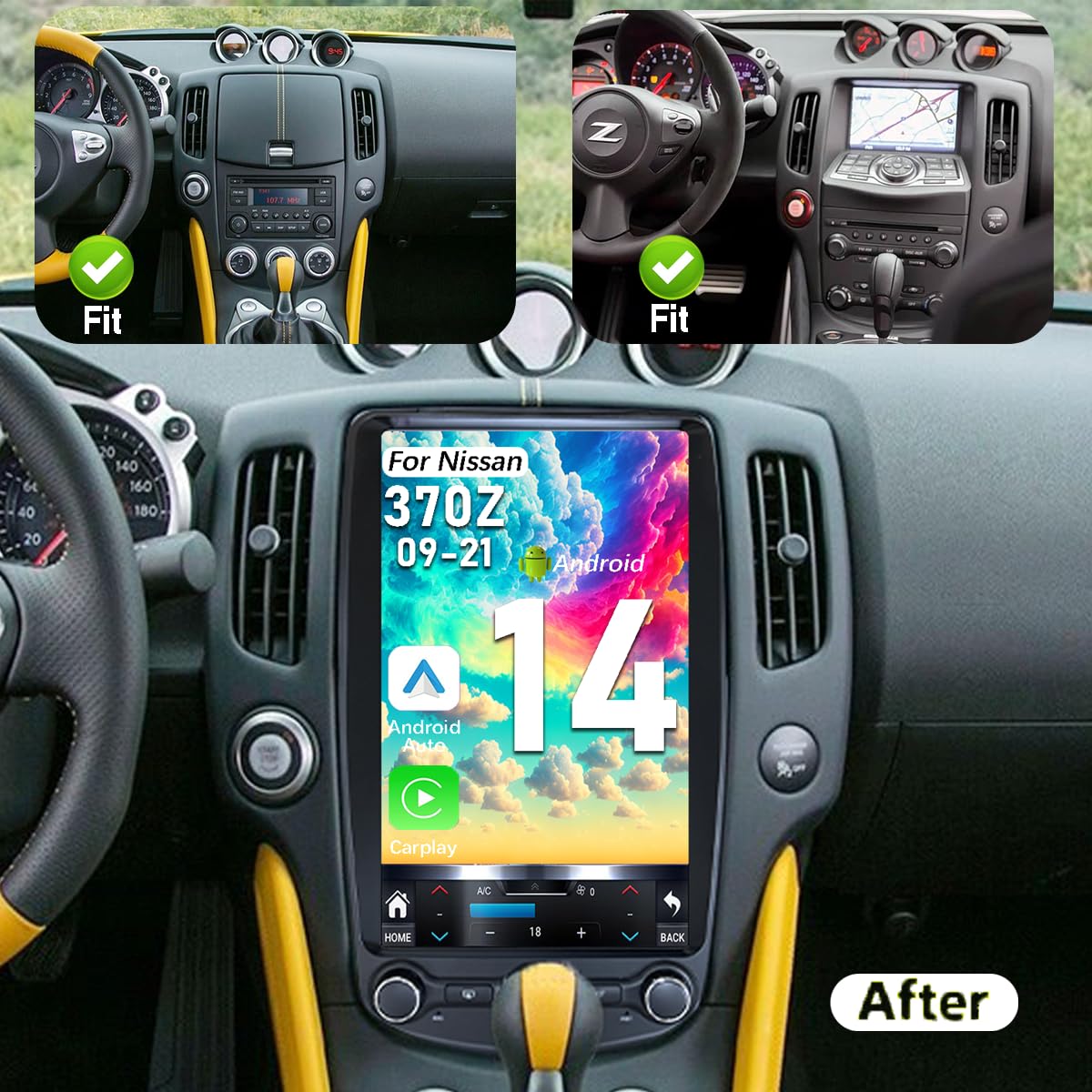 8GB+128GB,Upgrade Car Radio for Nissan 370Z 2009-2021 Car Radio Android 14 Stereo Replacement 13.8 inch Touch Screen Tesla Vertical Screen Style with Wireless Carplay & Android Auto (8GB+128GB)