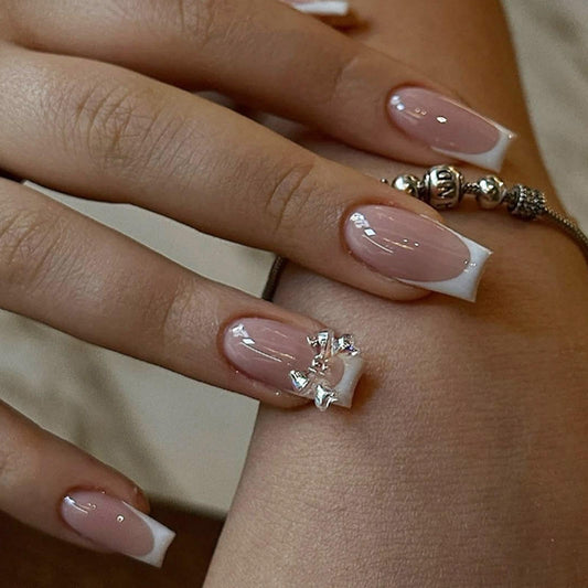 White Press on Nails Bow Fake Nails Short Square False Nail Glossy Full Cover Glue on Nails Nude Stick on Nail Artificial Acrylic Nail for Women Girls Manicure 24Pcs