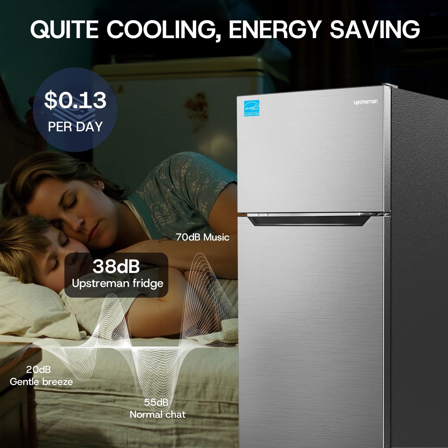 Upstreman 14.6 Cu.Ft. Refrigerator with Top Freezer, 2 Door Fridge with Electronic Thermostat, ENERGY STAR, Low Noise, Frost Free Top Freezer Refrigerator, Reversible Door, Stainless Steel-BD146