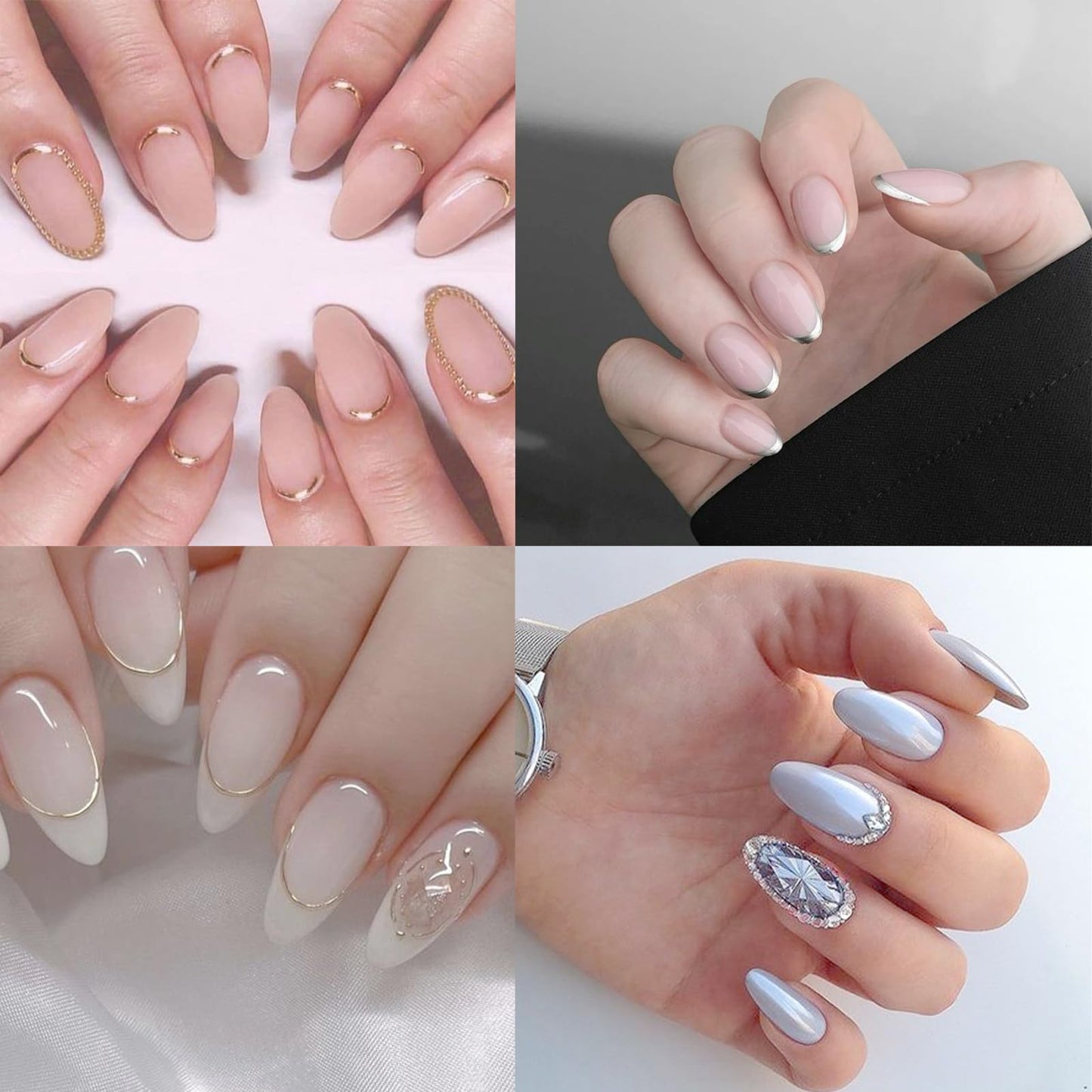 2 Sheets French Line Nail Art Stickers - 5D with Crystal Diamond Nail Stickers Simple Gold and Silver Line Nail Decals French Nail Designs Women's Nail Art Decoration