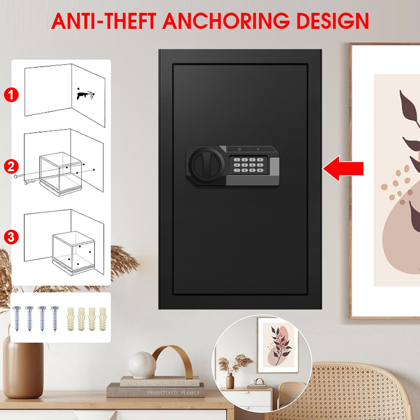 5.2 Cuft Large Home Safes Water and Fireproof, Fire Proof Safe for Home Use with Removable Shelves, Alarm System and Mute Function, Anti-Theft Safes for Home Use Fire and Water Proof for Document