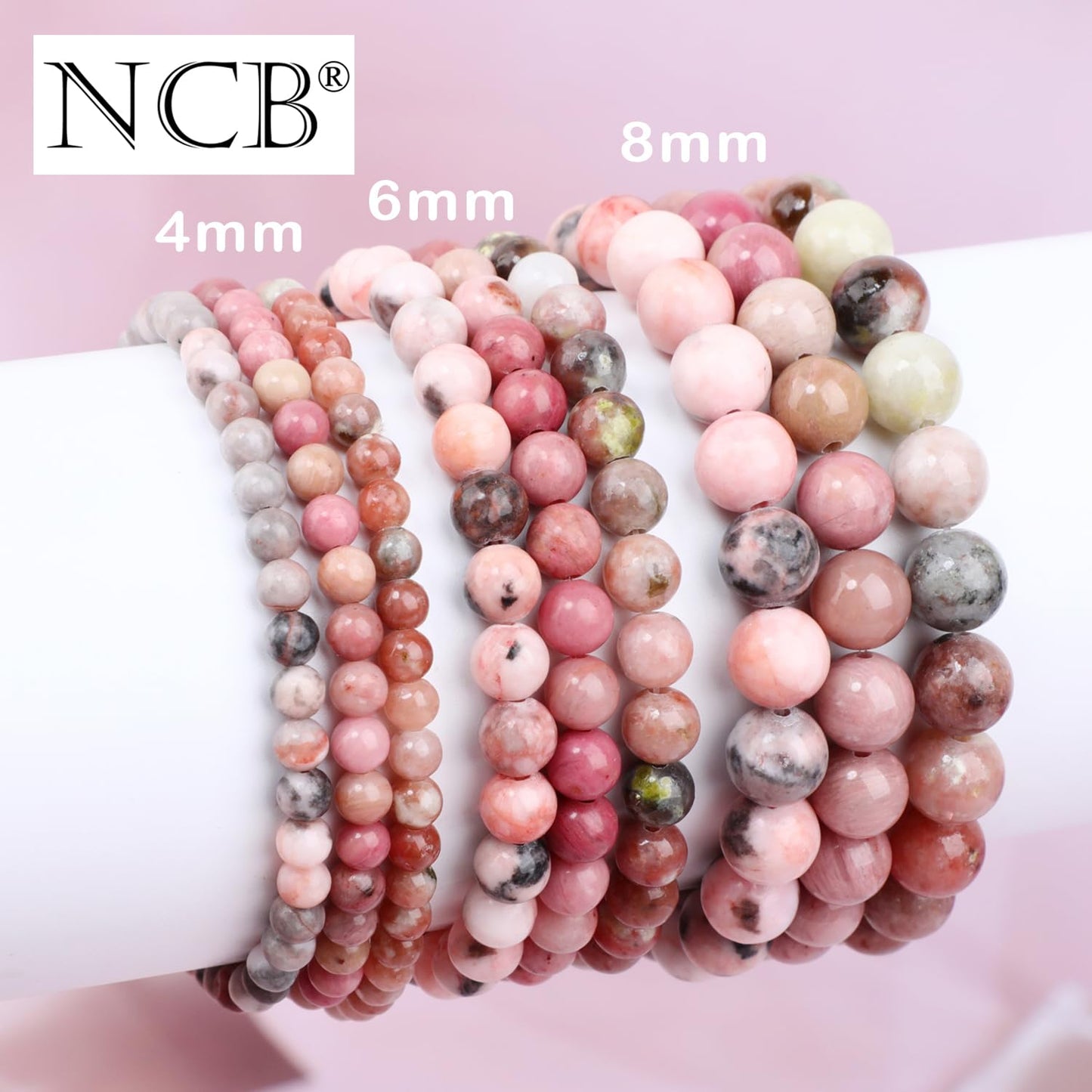 NCB 3-Piece 8mm Natural Crystal Gemstone Stretch Bracelets – ﻿Pink Zebra, Red Jasper, Red Plum Blossom Stone Handmade Reiki Energy Healing Jewelry for Meditation,Yoga, Unisex