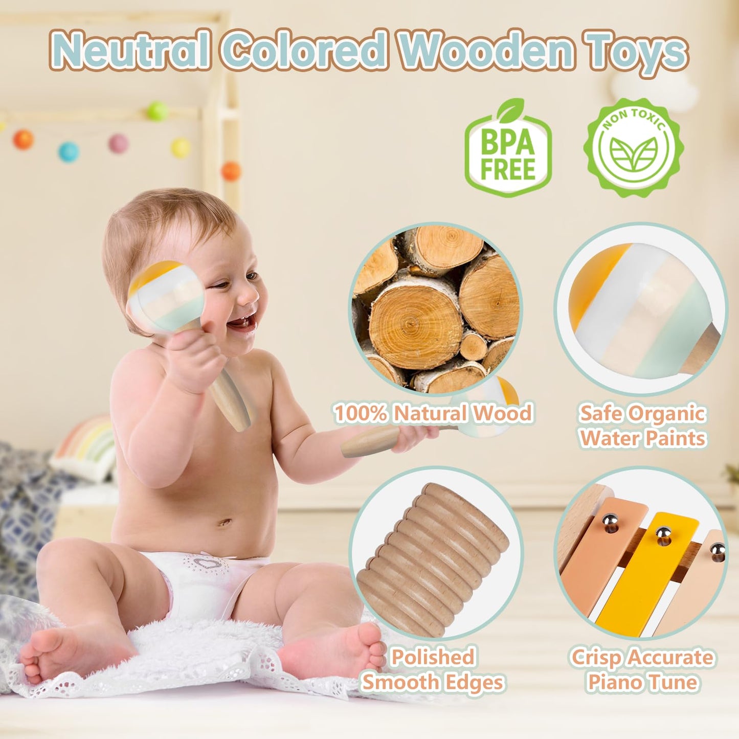 Baby Musical Instruments - Toddler Musical Toys Montessori Wooden Xylophone Maracas Tambourine Percussion Set for 1 2 3 Year Old, Kids Educational Music Learning Toys, Birthday Gifts for Boys Girls