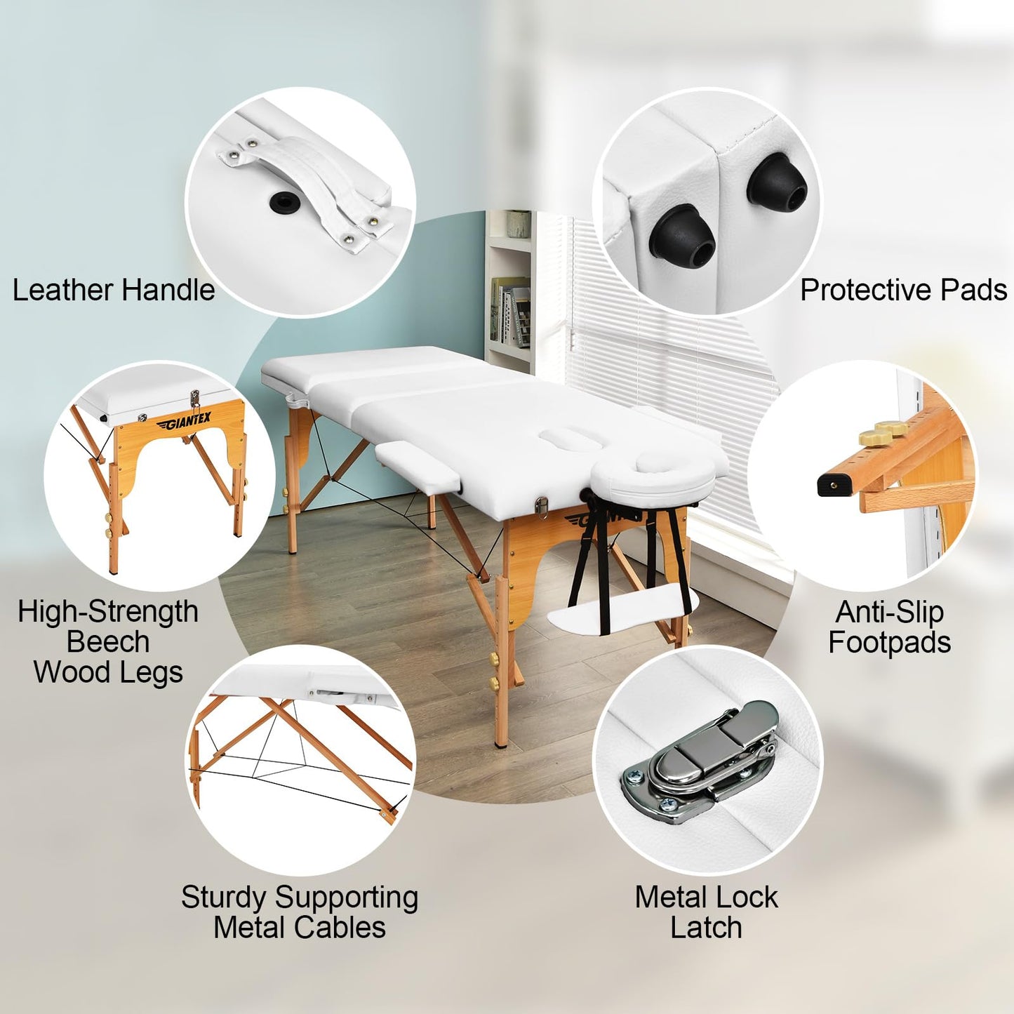 Giantex 84inch Folding Massage Table Lash Bed, Portable 3 Sections Spa Salon Tattoo Bed with Face Cradle Armrests Wooden Legs, Professional Massage Bed Height Adjustable with Carry Case (White)