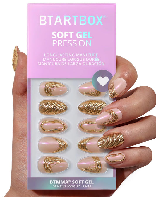 BTArtbox Press On Nails Short - 3D Gold Sculpting Almond Press On Nails with Glue for Women, Opaque Soft Gel Glue On Nails in 16 Sizes - 32 Stick On Nails Kit, Metalhead