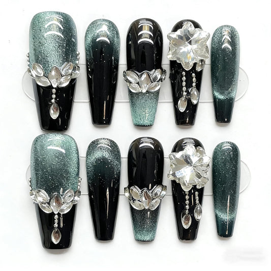 Handmade Press on Nails Square Luxurious Dark Green Gradient Cat's Eye with Heavy Gemstone Decoration Acrylic Nails Press on Handmade Nails Luxury Press On Nails(S)