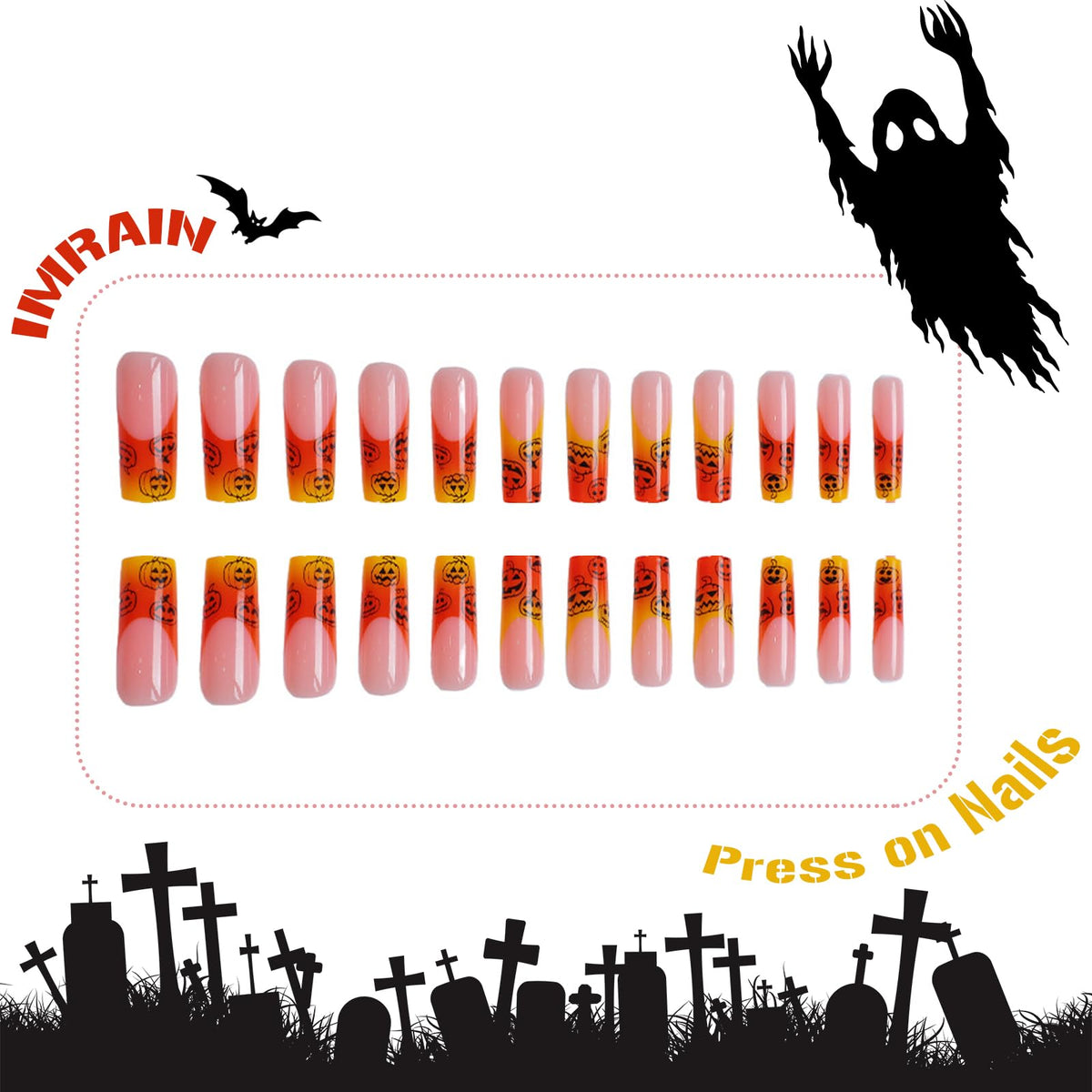 IMRAIN Pumpkins Press on Nails Long Square Fake Nails French Nail Tips Full Cover Cute Orange Yellow Ombre Glue on Nails Glossy Acrylic False Nails