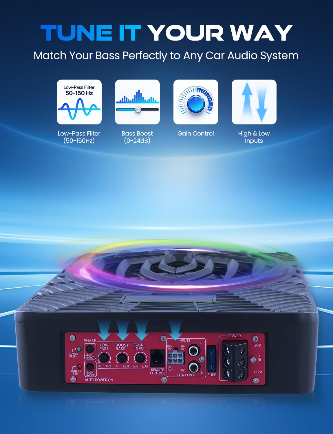 1200W Powered Under Seat Car Subwoofer with Built-in Amplifier, Slim Low Profile Subwoofer for Car Audio Upgrade, Adjustable Bass Control, Beat-Synced RGB Lighting