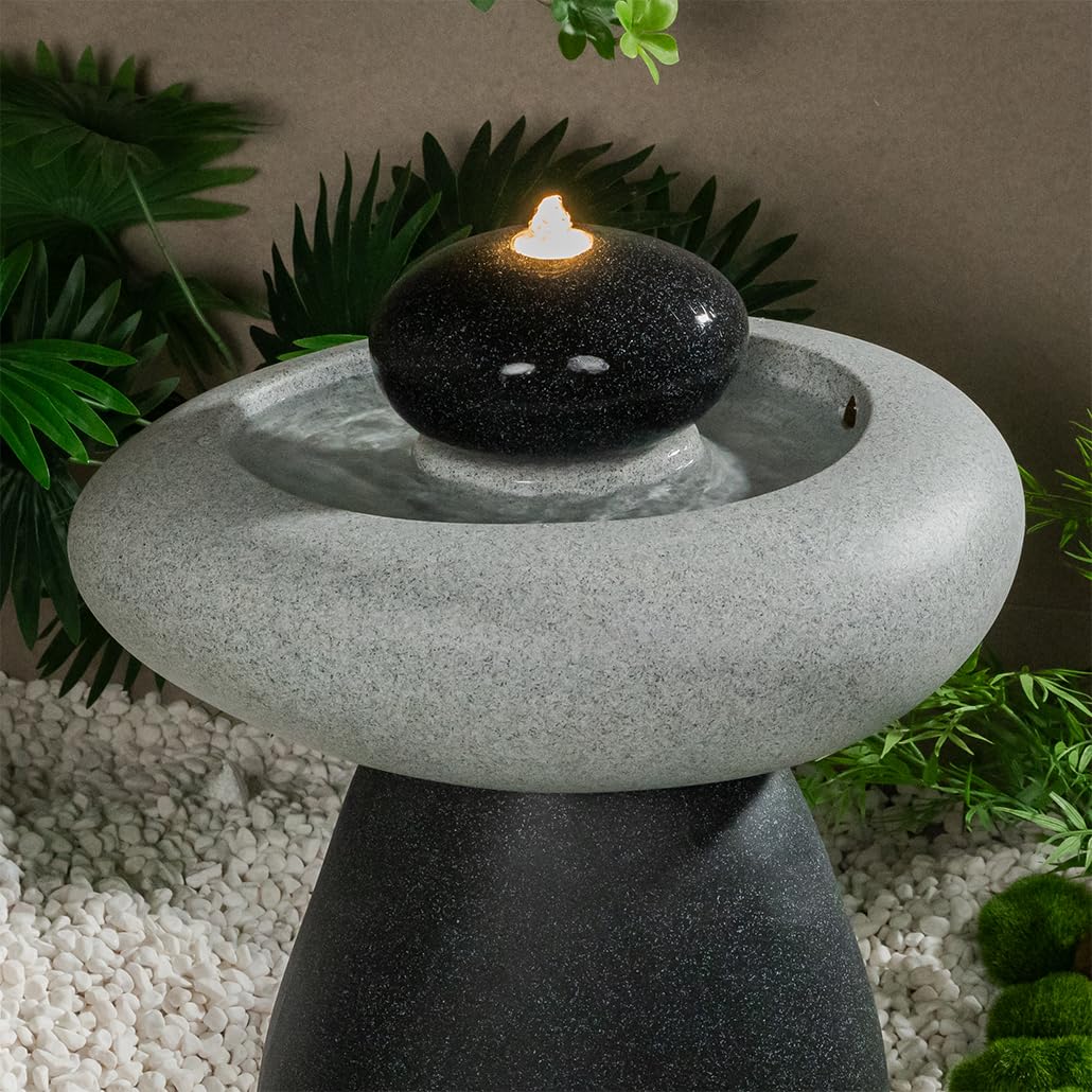 Puulye 24.02" H Outdoor Water Fountain Made with Eco-Friendly Recyclable Materials, Polyethylene Rock Waterfall Outdoor Fountain, Garden Decor with LED Light & Pump for Patio, Backyard