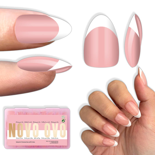 NOVO OVO Almond Short White French Tip Nail Tips Press on BABY PINK, Extra Thick Full Cover False Fake Nails, Need Builder Gel Top Coat & Glue, for Salon DIY Acrylic Extension x 16 Sizes 224 pcs