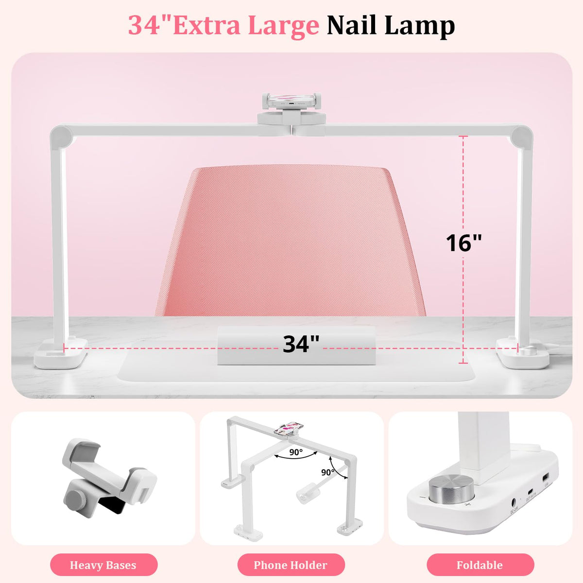 iVict Nail Desk Lamp, 34" Nails Tech Light with Phone Stand, 0-100% Adjustable Brightness, 3000K-6000K Color Temperature Led Desk lamp for Nail, Tattoos, Eyebrows, Beauty