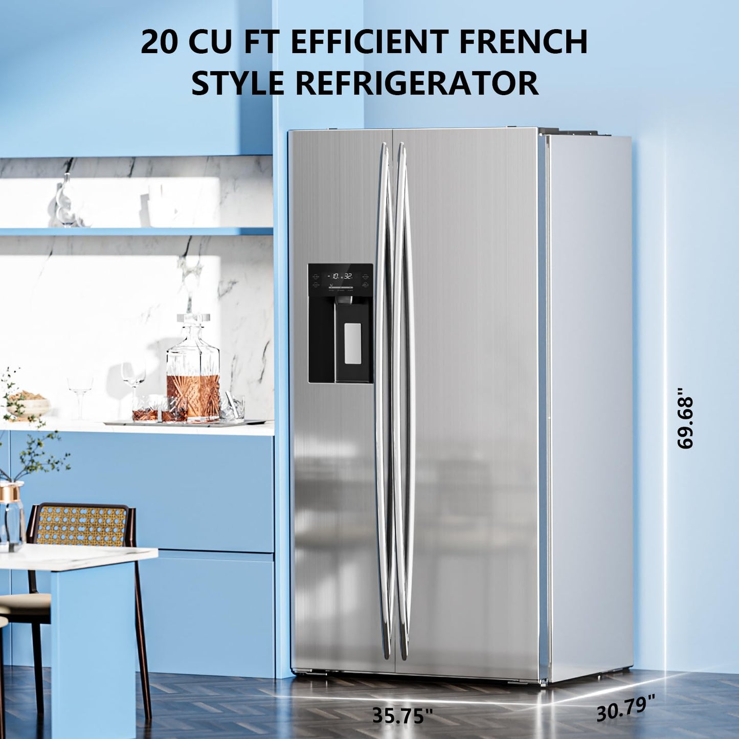 Antarctic Star 2 French Door Refrigerator Fridge, with Side Freezer &Water Dispensor,Nugget Ice Maker&Cube Ice,Adjustable Thermostat, 20 Cu Ft, Stainless Steel