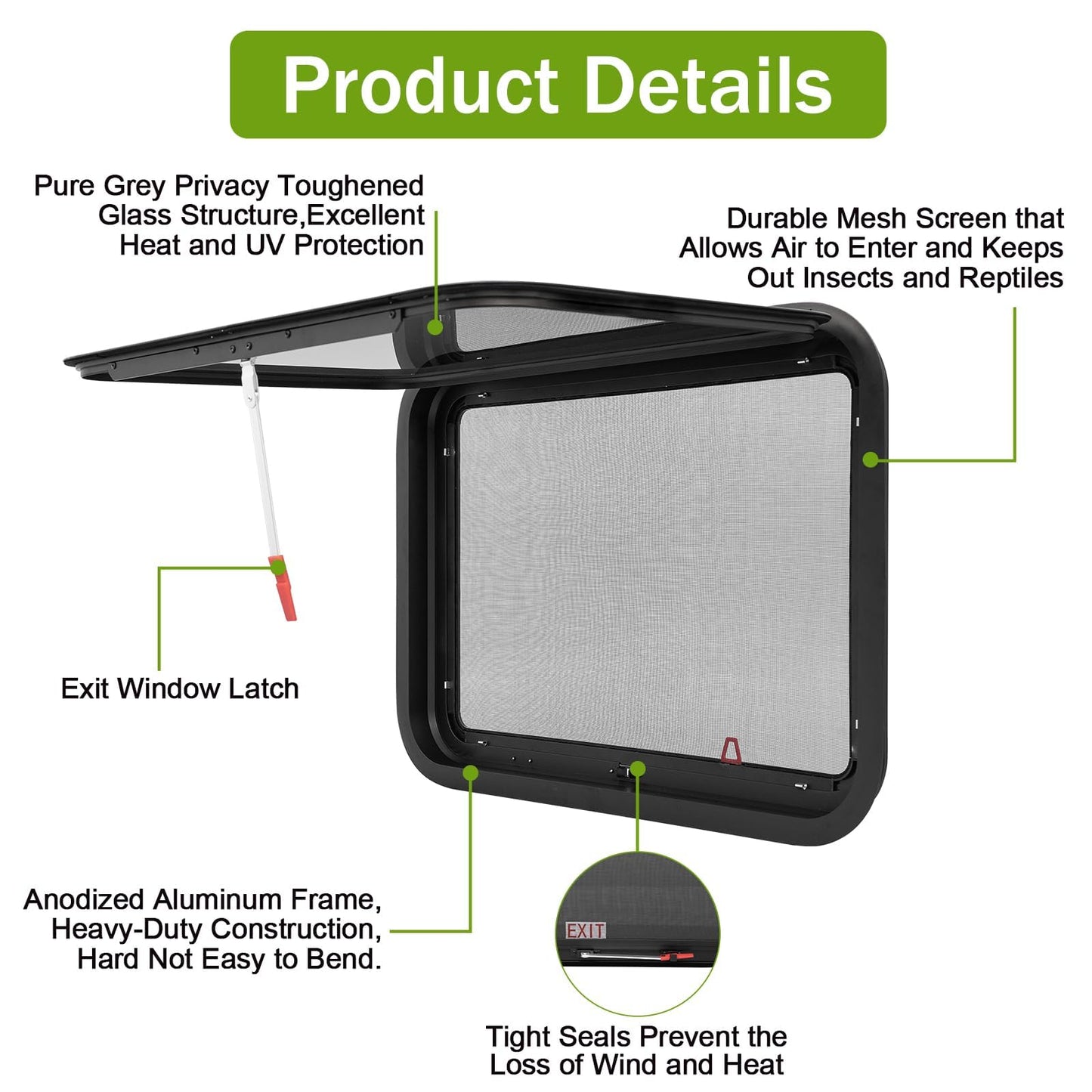 30"x22" RV Emergency Exit Window - DOT-Certified Tempered Glass, Security Lock, Waterproof Aluminum Frame w/Mesh Screen (Fits 1.57"-1.77" Walls, Complete Kit)