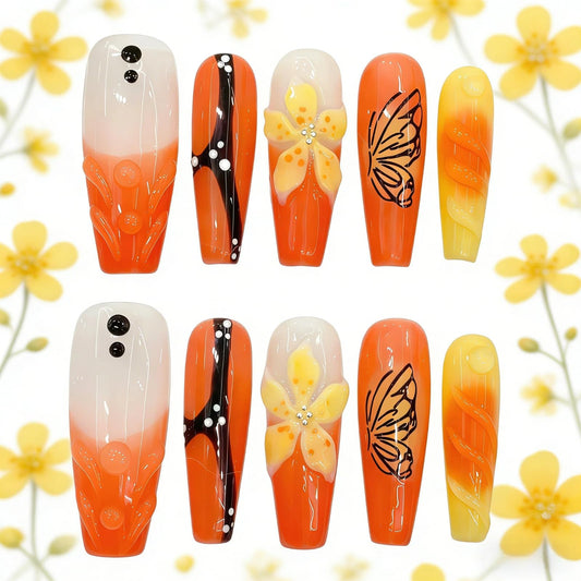 Tesytto Orange Press On Nails Long Coffin - 3D Flowers Hand-Painted Butterflies French Tip Yellow Floral Acrylic Nail for Women (Mango Sago,S)