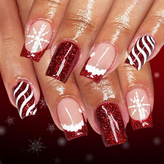 Christmas Medium Square False Nails Snowflake Gel Glue on Nail 24Pcs Christmas Hat Press on Nails French Tips Stick on Fingernails Glossy Red Curve Line Acrylic Fake Nail for Women Xmas Gift