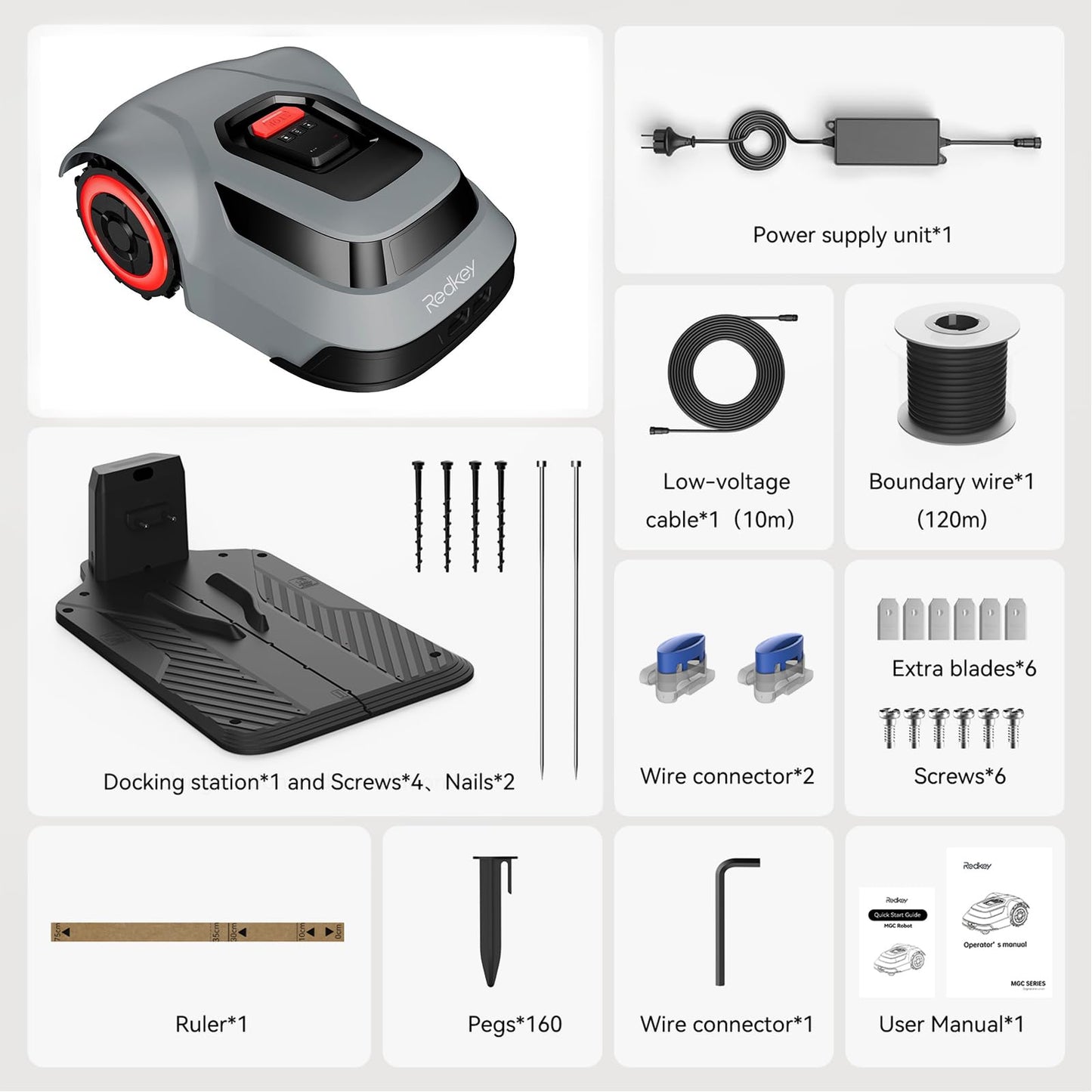 Redkey MGC500 Robot Lawn Mower with 393ft Boundary Wires for 0.12 Acre (1/8 Acre), 45% Slope, 70Mins Runtime, Auto Recharge, Automatic Robotic Lawn Mower w/Precise Location & Breakpoint Detection