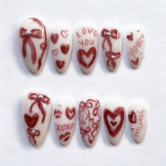 24Pcs Valentines Press on Nails Medium Almond Fake Nails with Pearl Love Heart False Nails Romantic Bow Acrylic Nail Kit Valentine Red Lips Full Cover Stick on Nails for Women Nail Design Supplies