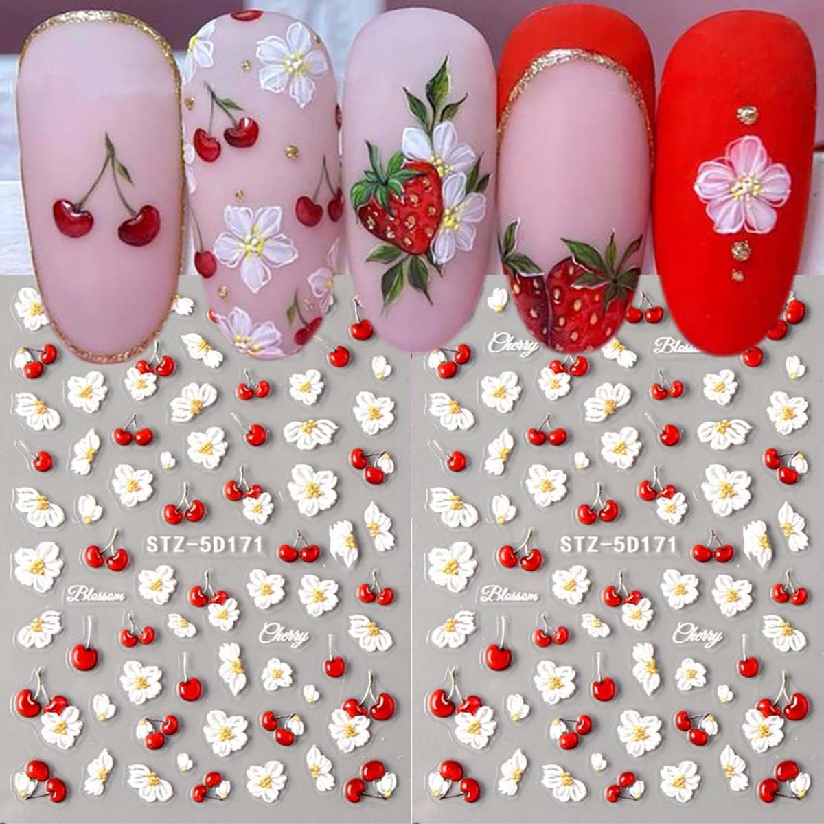 3 Sheets Flower Nail Stickers Cherry Lily Nail Decals 5D Self-Adhesive White Blue Pink Gradient Floral Nail Art Stickers Spring Summer Nail Decoration for Women DIY Manicure Supplies