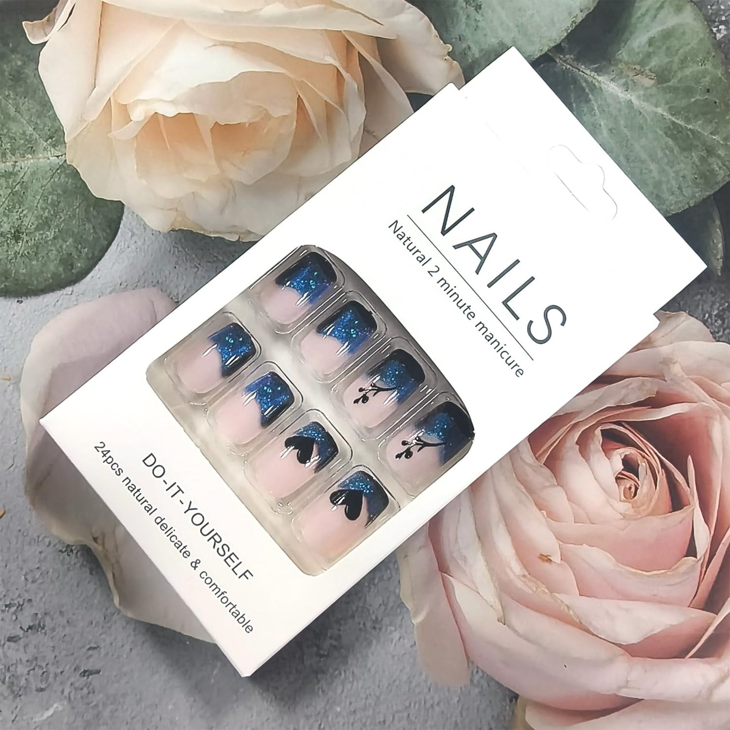 Valentines Press on Nails Medium Square Artificial Acrylic French Black Fake Nails Gradient Black Love Coffin Nail Full Cover Glossy Stick on Nail Artificial Fingernails for Women Festival Manicure