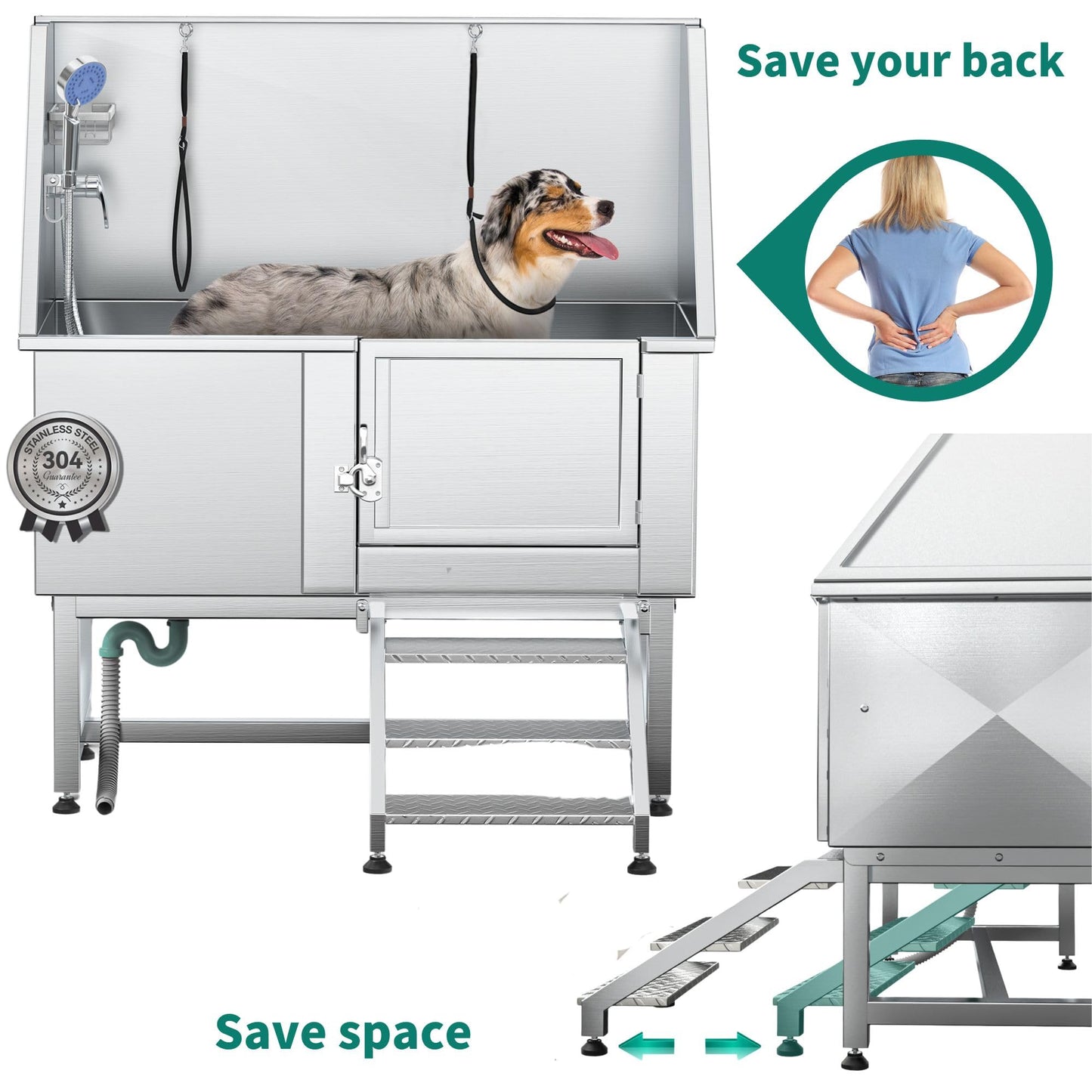 YITAHOME Professional Dog Bathtub 50in, Stainless Steel 304 Pet Grooming Station with Right Door & Floor Grate, Ideal for Large to Small Pets, Indoor & Outdoor Use