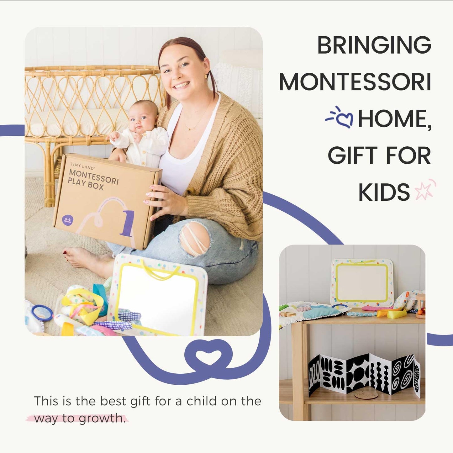 Tiny Land Montessori Baby Toy Set 0-3 Months Newborn Development Sensory Play Kit - 5-in-1 Mirror, Black & White Card Set, Rolling Bell, Play Mat, and Bed Wrap