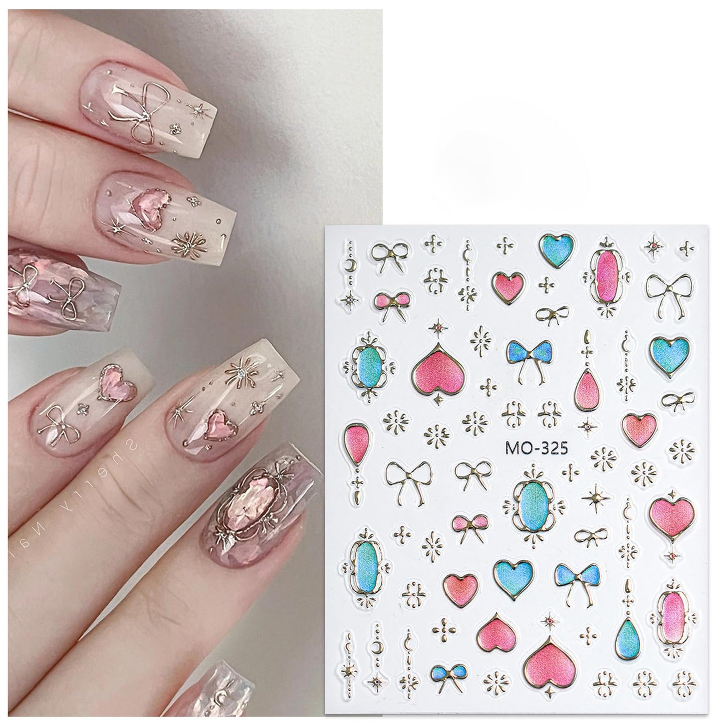 Metallic Nail Stickers 3pcs Fashion Gold Bronzing Love Heart Moon Star Butterfly Bow Totem Designs,5D Luxury Nail Decals Relief Nails Adhesive Slider Manicure Salon Party Wedding DIY Decor for Women
