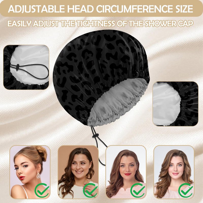 BHAHB 2 PCS Shower Cap Reusable Waterproof Double Layer Elastic Adjustable Hair Bath Caps Cute Aesthetic for Women Girls-Black White Leopard