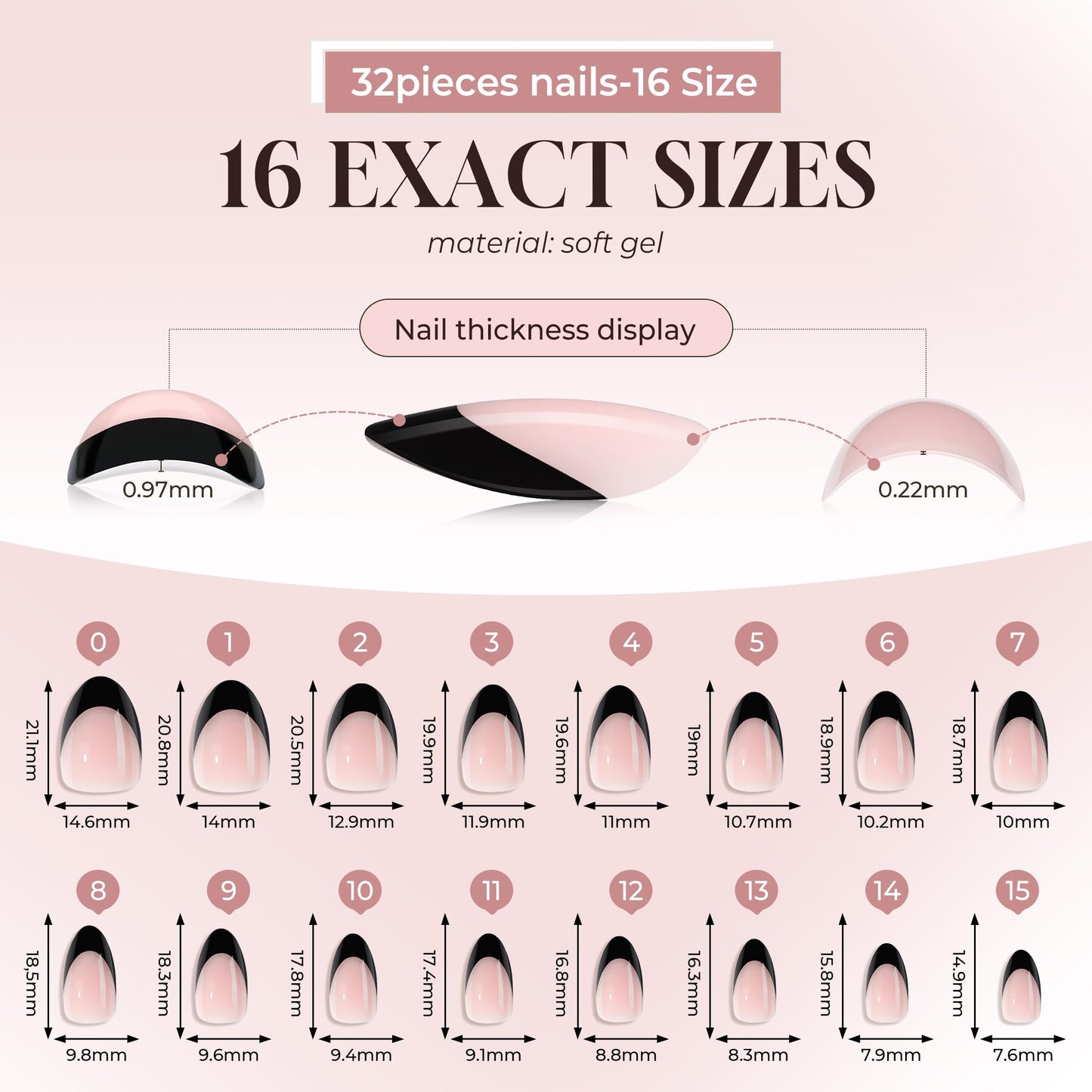 UNA GELLA French Tip Press On Nails Almond: Black Soft Gel Press Ons Short Kit with Nail Tips Glue on Nails, 16 Sizes - 32 Reusable Fake Nails, Black French