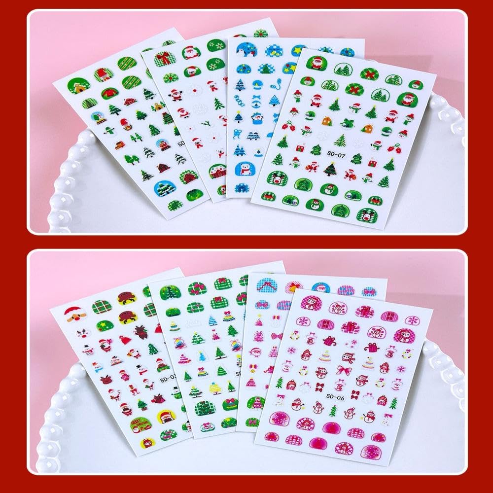 Christmas Nail Stickers Glow in The Dark Nail Art Stickers 3D Self Adhesive Cute Cartoon Christmas Tree Nail Art Supplies Snowman Snowflake Bow Nail Design Winter Xmas Nail Decals for Women 16 Sheets