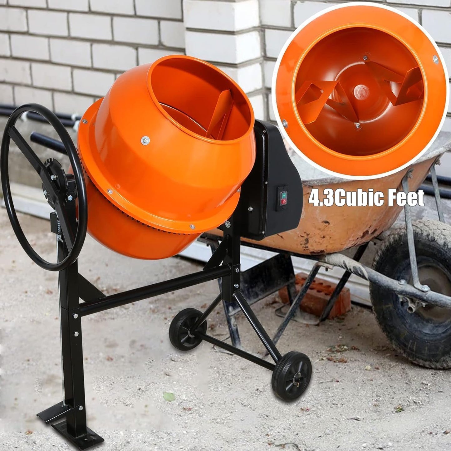 DAJYAWON Electric Cement Mixer, 4.3 Cubic Ft. Concrete Mixer with 550W Motor & 7-inch Wheels, 2/3 HP Portable Concrete Mixing Machine Tools for Stucco, Mortar, Seeds, Feed