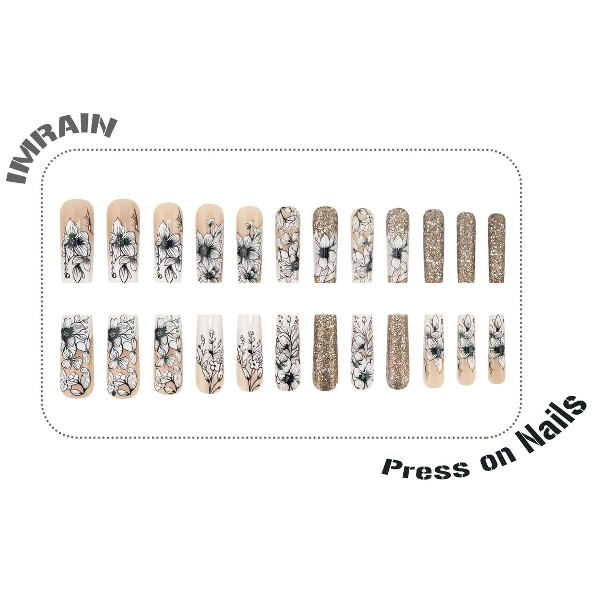 IMRAIN Long Square Press on Nails Glossy Gold Glitter Fake Nails Black Flowers Acrylic False Nails Sparkly Full Cover Glue on Nails for Women DIY Manicure Decor 24Pcs