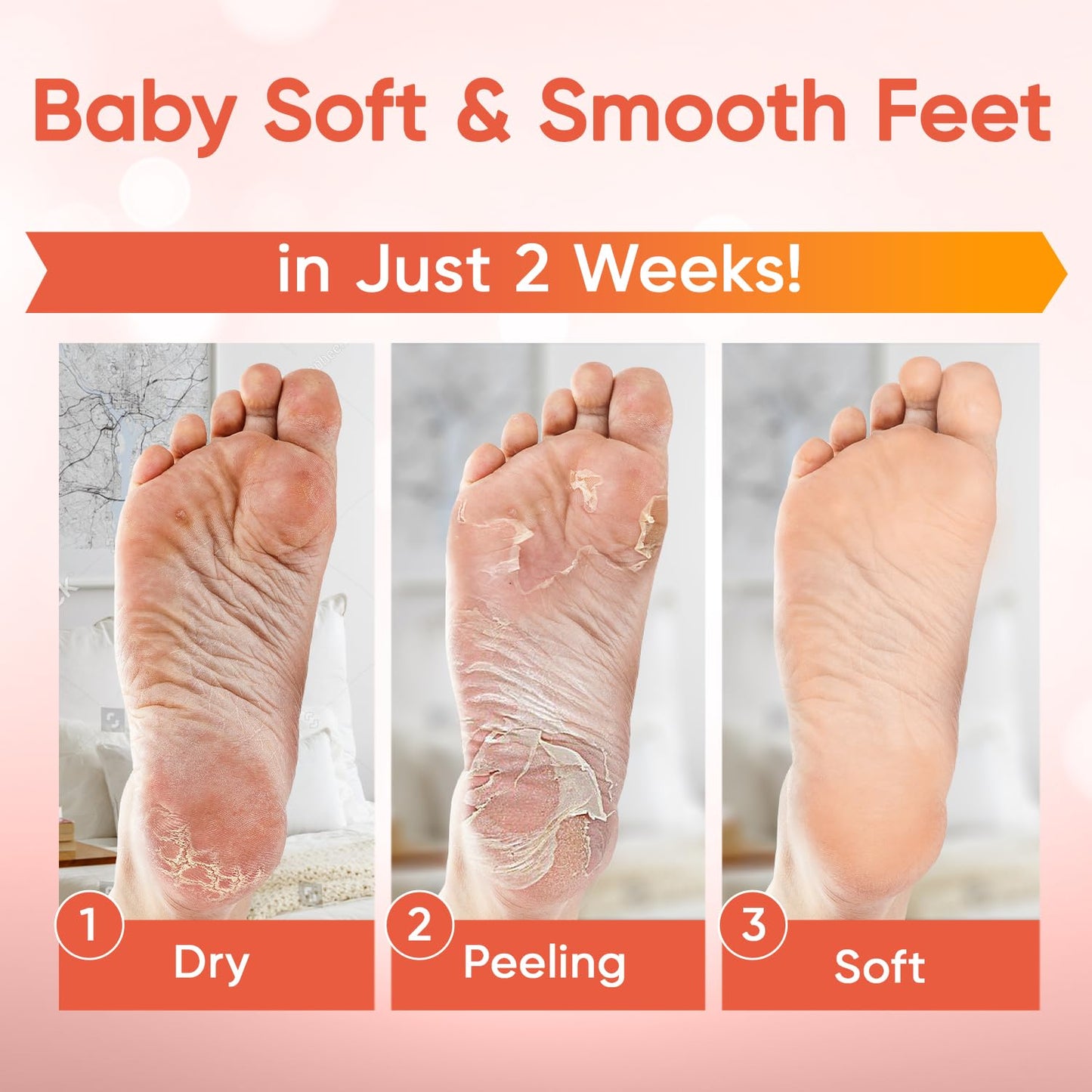 CÉLOR Foot Peeling Mask for Dry Cracked Feet | Foot Mask to Exfoliate Rough, Cracked, Dry Feet, Calluses for Soft Baby Feet Results | Made with Aloe Vera Extract for Women & Men (2 Pairs) | Peach