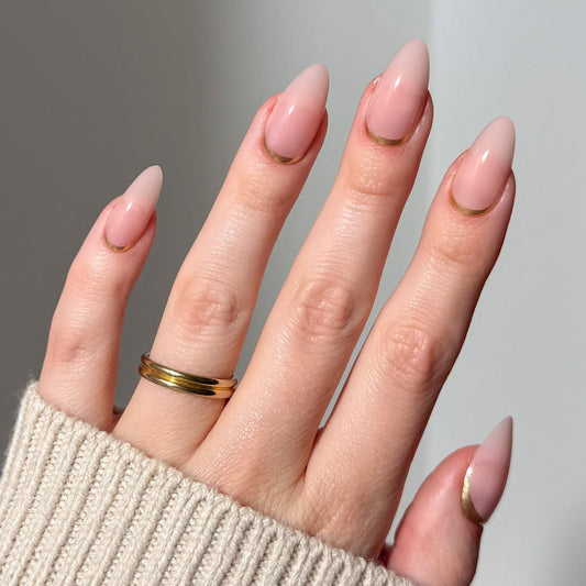 Glamnetic Press On Nails - Goal Getter | Medium Almond Fake Nails and Neutral Gold Reverse French Tip, Salon Quality | 15 Sizes - 30 Nail Kit Wtih Glue