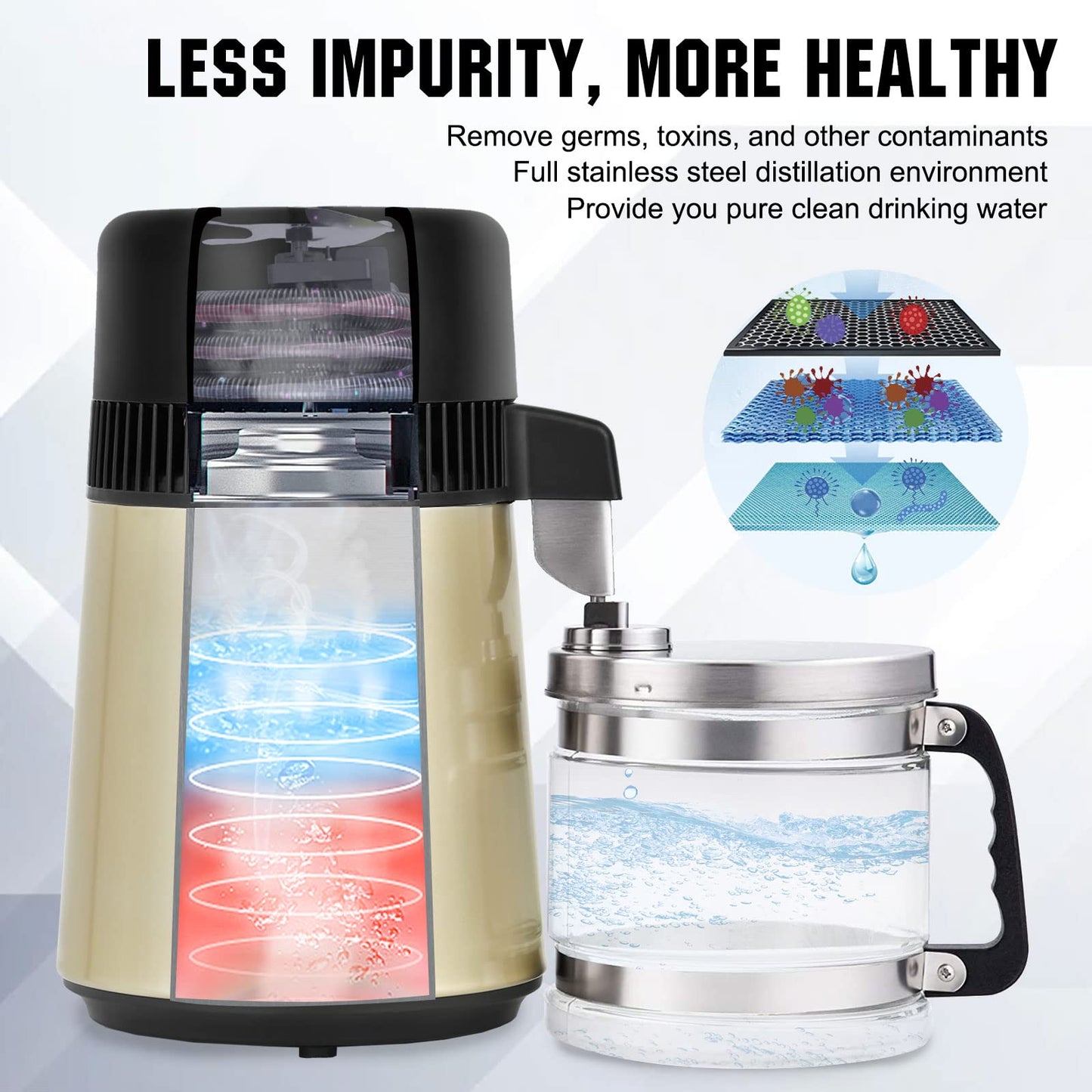 DC HOUSE Upgrade Water Distiller, 304 Stainless Steel 1 Gallon Distilled Water Maker Machine for Home Countertop Table Desktop, 750W 4L Making Machine with On Off Switch, Glass Container