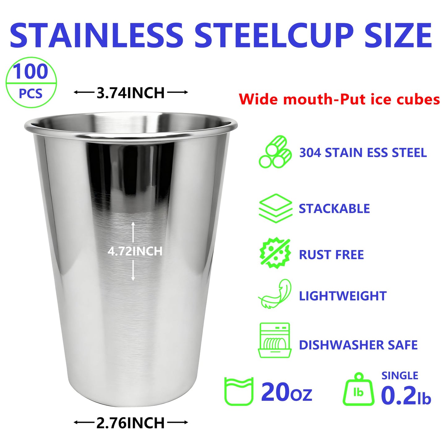 20oz 100PCS Stainless Steel Pint Cup,Pint Tumbler,Reusable metal Cups,Stainless Steel Water Tumbler,BPA Free,Stackble,Durable,Unbreakable Metal Drinking Glasses for Bar,Banquet Mugs (100, 20OZ)