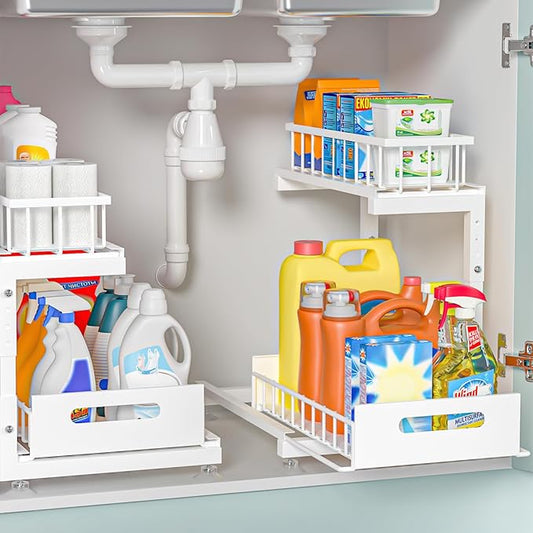 Saydear Under Sink Organizer, 2-Tier Premium Metal Pull-Out Racks with Adjustable Height, Heavy Duty Sliding Bin for Bathroom and Kitchen Cabinet Storage, Rust Resistant 2 Pack