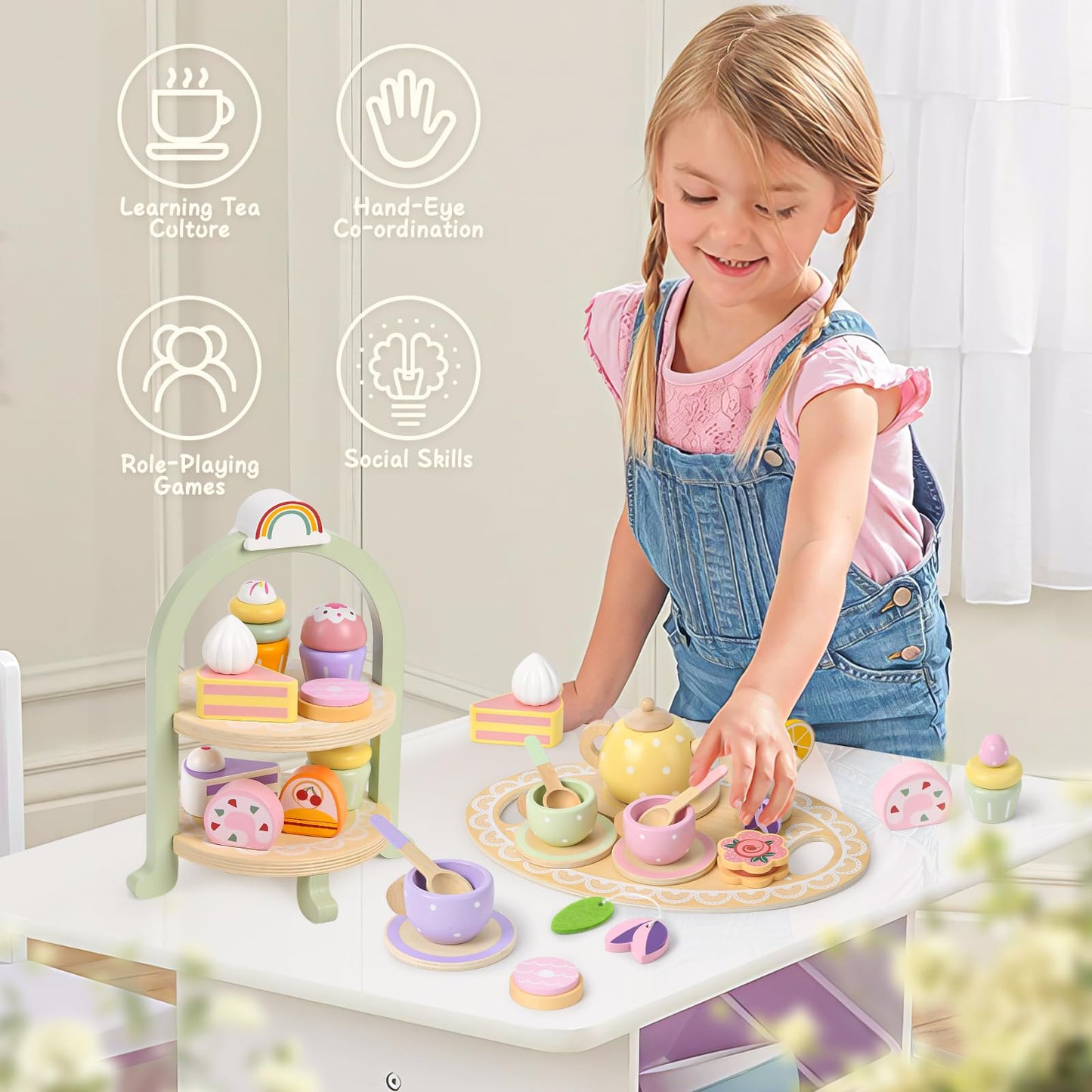 Lonico Wooden Tea Party Set for Little Girls Toddler Tea Set with Cupcake Stand & Food Dessert, Play Kitchen Accessories for Toddlers 2 3 4 5 6 Years Old, Wooden Toys Birthday Kids Girls Gifts 3-6