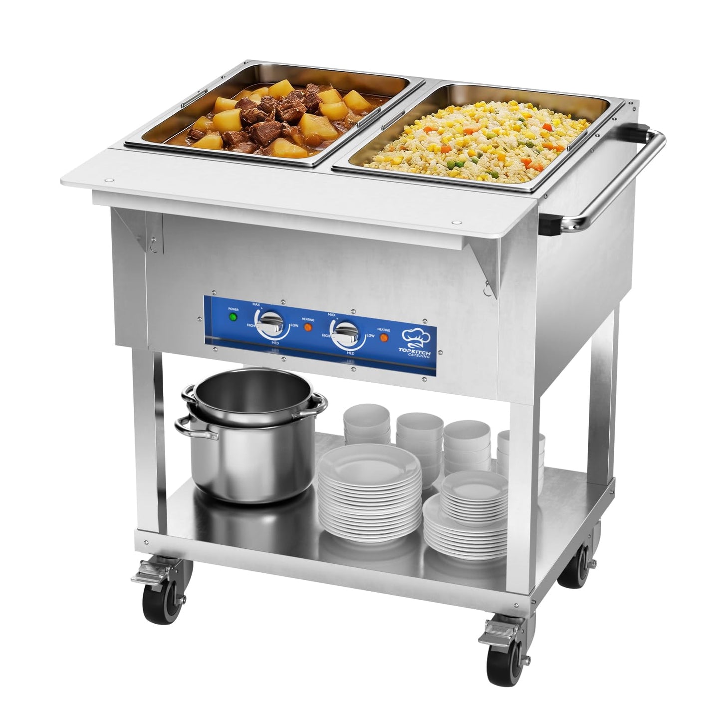 TOPKITCH 2-Pan Commercial Food Warmer, Electric Steam Table with Independent Temperature Control, 120V 1000W Stainless Steel Buffet Catering Food Warmer with Undershelf and Workspace, for Restaurant.