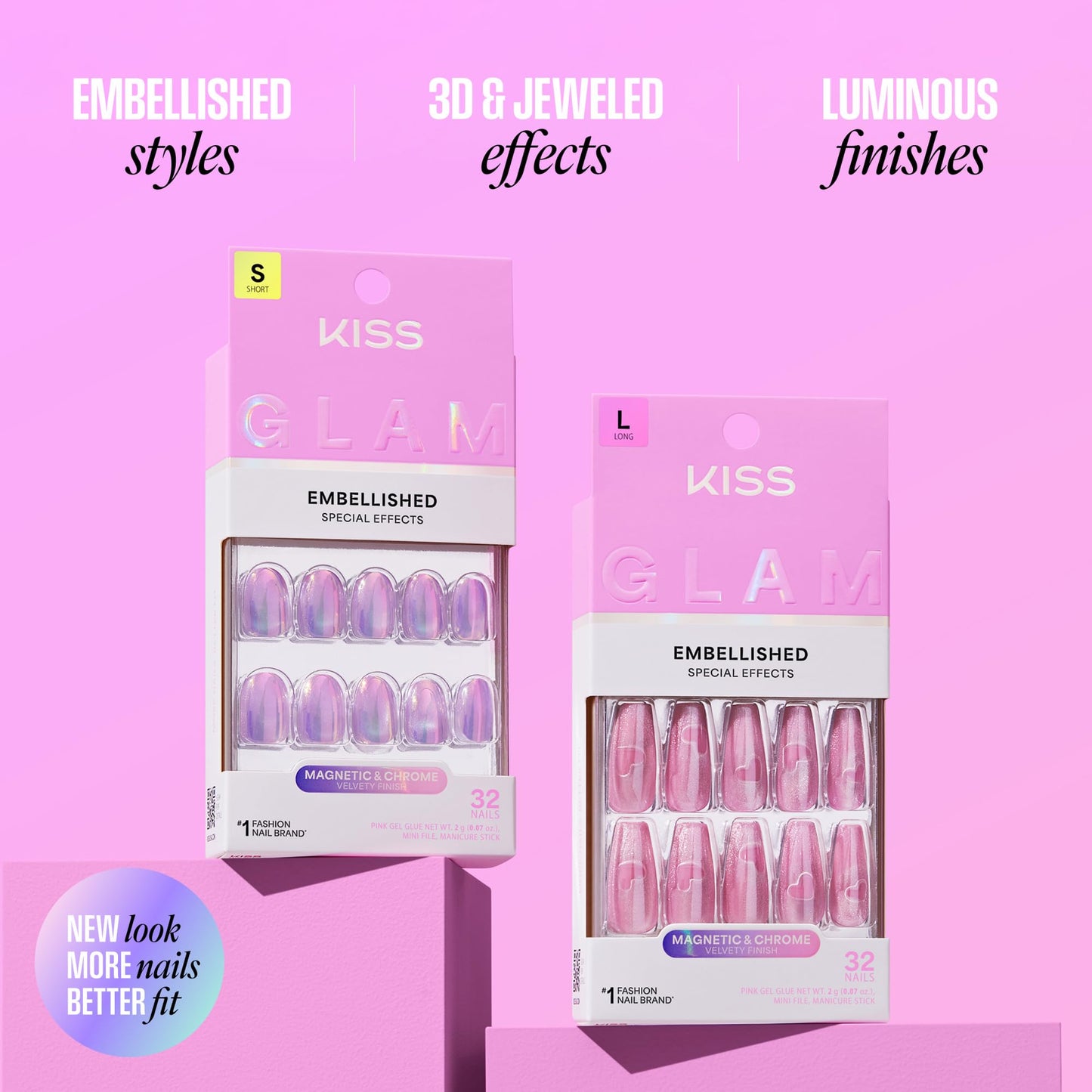 Kiss Glam, Press On Nails, Nail glue included, 'Pink Sugar', Pink, Long Size, Coffin Shape, Includes 32 Nails, 2g Glue, 1 Manicure Stick, 1 Mini File