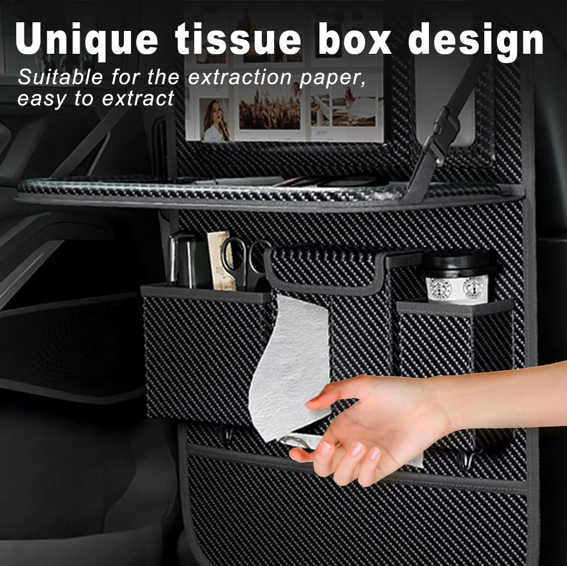 XDV Car Seat Organizers,Multi-functional Back Seat Protectors, Storage Pouches, and Tray Holders (for Cars, Kids, Seat Back and Rear Seats) (Carbon Fiber, 2 Pcs)