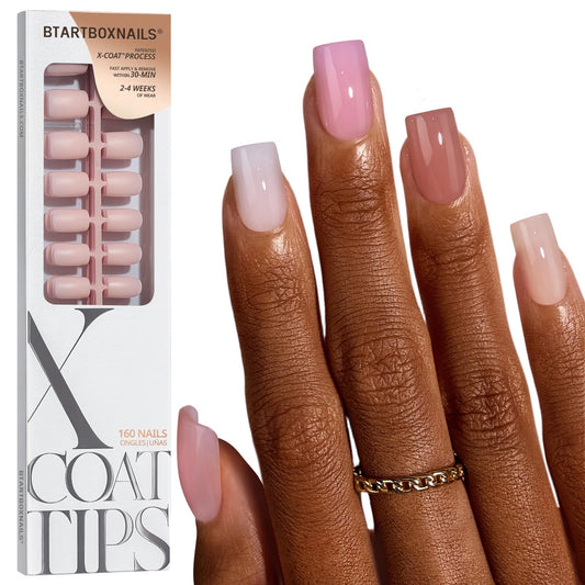 BTArtboxnails XCOATTIPS Bare 5-Shades Nude Press on Nails - 4-Week Wear Short Square Press on Nails, Easy to Apply, Soak Off, Salon Quality Value at Home, 16 Sizes - 160 Fake Nails